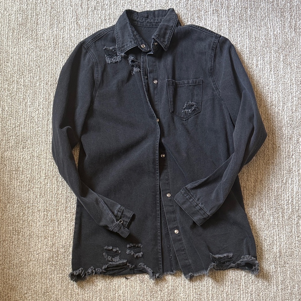 Black Distressed Button-Up Shirt